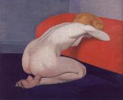 Felix Vallotton Nude Kneeling against a red sofa Spain oil painting artist
